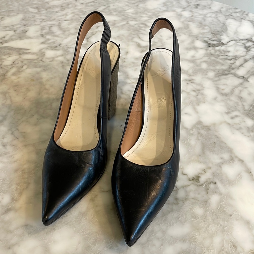 Maison Martin Margiela black leather high block heel pointy toe slingback 39